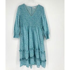 Pink City Prints Dress Womens L Blue‎ Tiered Floral Cottage Peasant Isabel Midi